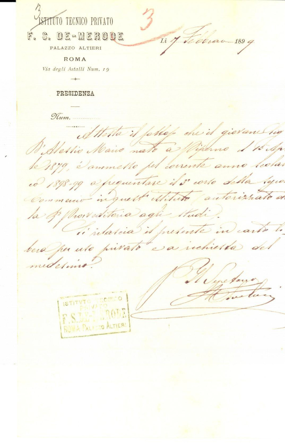 Documento originale, autentico 1899 ROMA Istituto Tecnico Privato F.S. DEMERODE Promozione Mario D ALESSIO 1