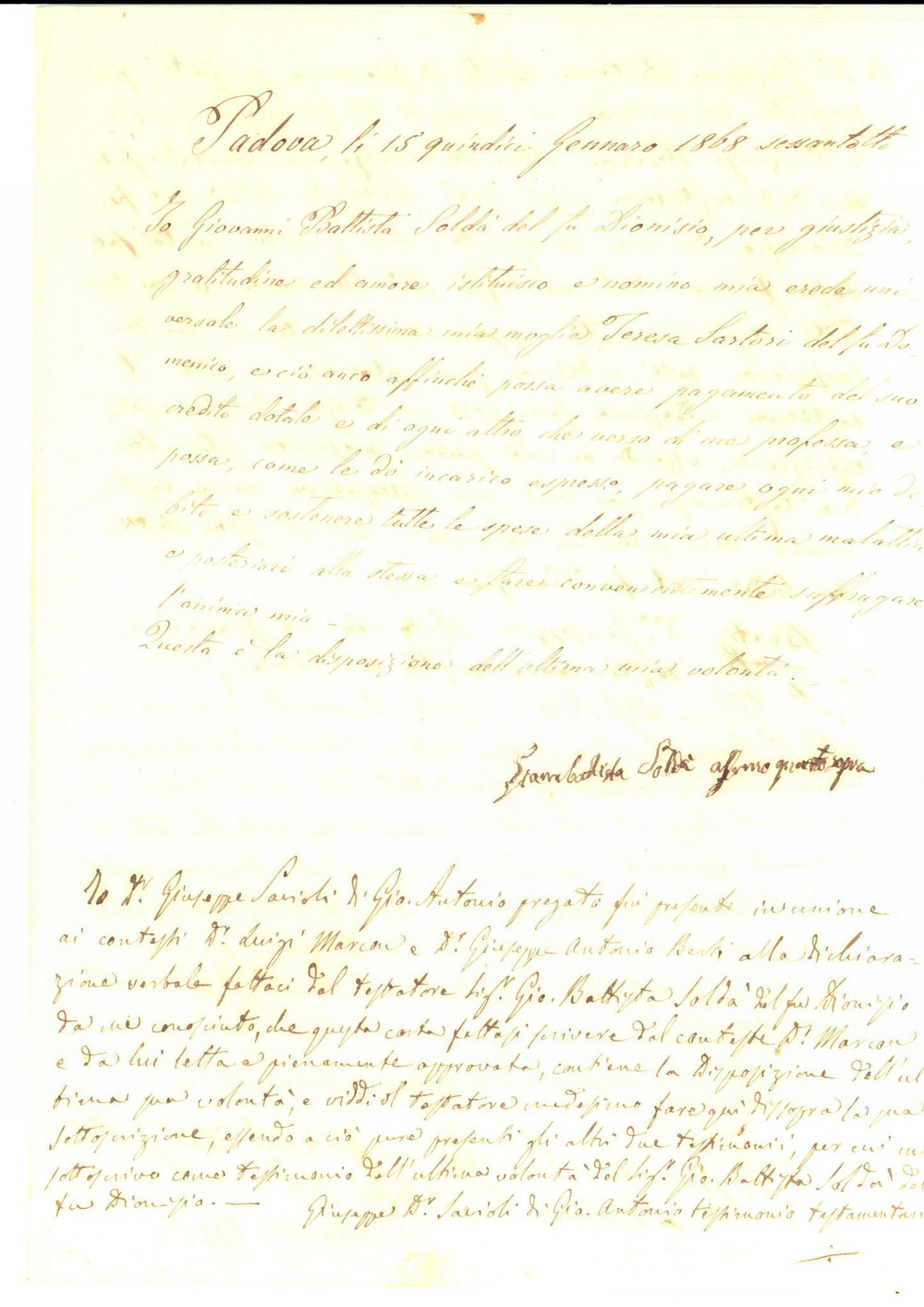 Documento originale, autentico 1868 PADOVA Testamento Giovanni Battista SOLDA  pro moglie Teresa SARTORI 1
