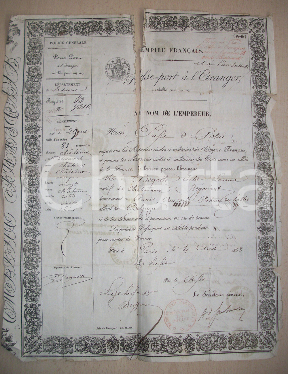 Documento originale, autentico 1853 EMPIRE FRANCAIS Passeport JulesLaurent DEGALLE Lasciapassare 1