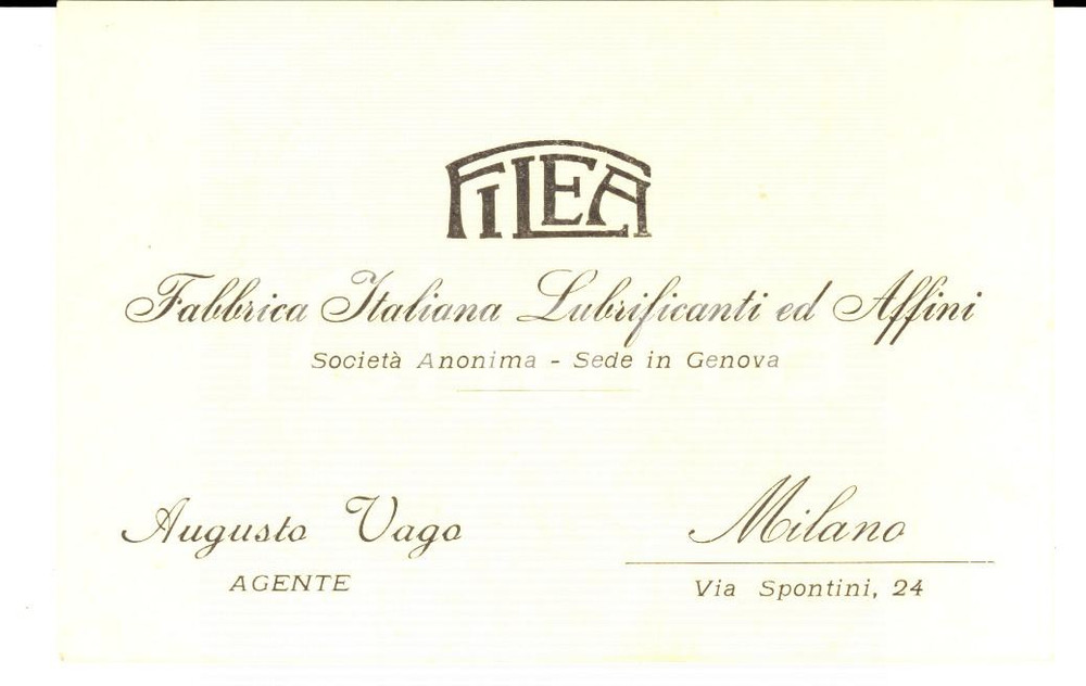 Materiale pubblicitario d’epoca 1950 ca MILANO Ditta FILEA Lubrificanti  Agente Augusto VAGO Pubblicitario 1