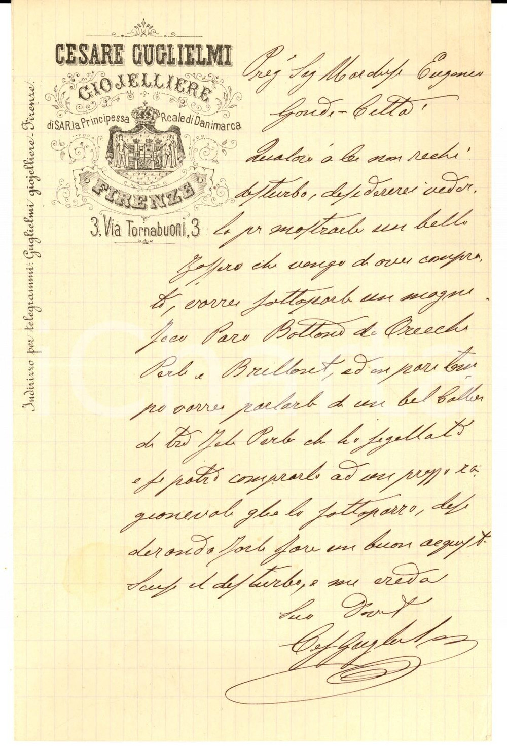 Manoscritto, lettera originale 1890 ca FIRENZE Cesare GUGLIELMI propone gioielli al marchese Eugenio GONDI 1