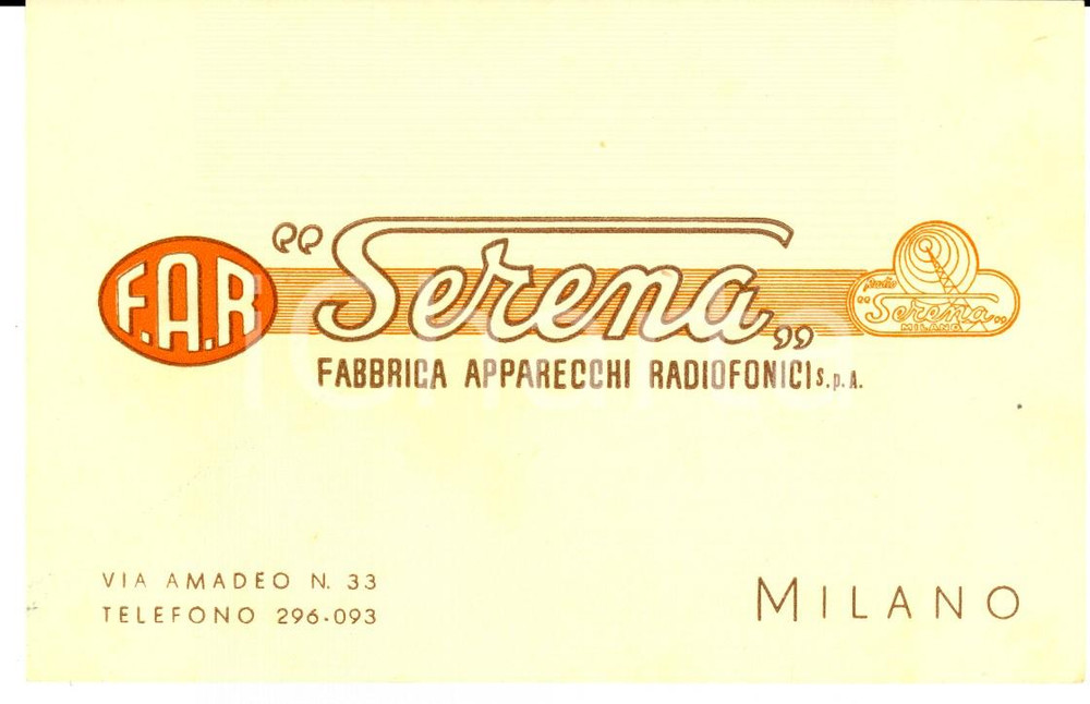 Materiale pubblicitario d’epoca 1950 ca MILANO Fabbrica Apparecchi Radiofonici SERENA Biglietto pubblicitario 1