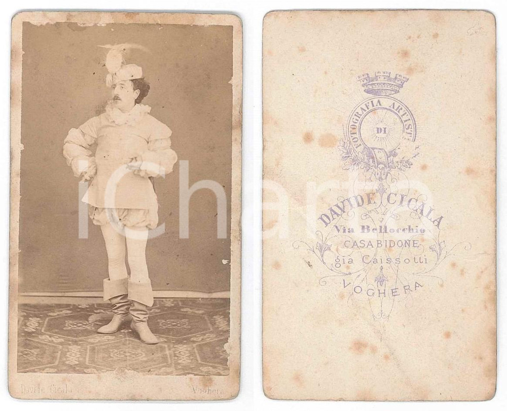 Fotografia d epoca originale 1870 ca TEATRO VOGHERA Attore in costume d epoca Foto RARA CICALA CDV 1
