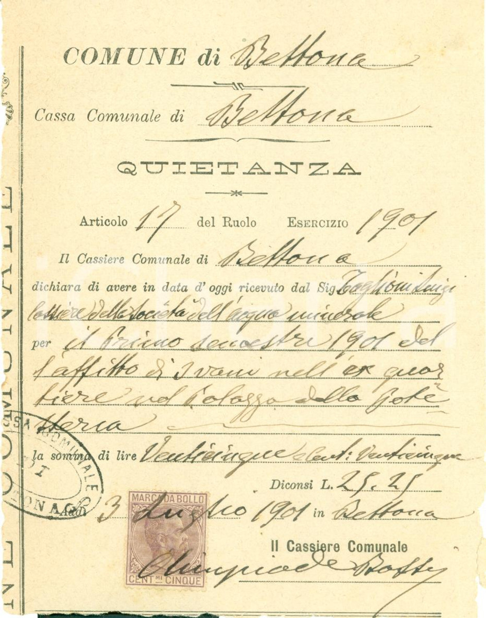Documento originale, autentico 1901 BETTONA PG Luigi TAGLIONI paga affitto SocietÃ  Acqua Minerale Documento 1