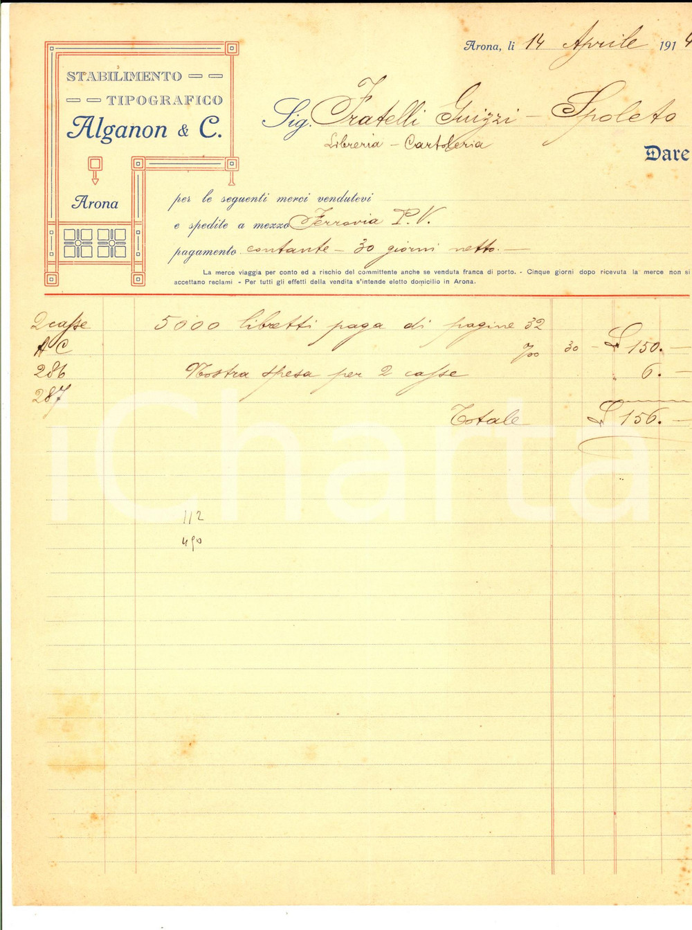 Documento originale, autentico 1914 ARONA Stabilimento Tipografico ALGANON & C. Fattura per libretti paga 1