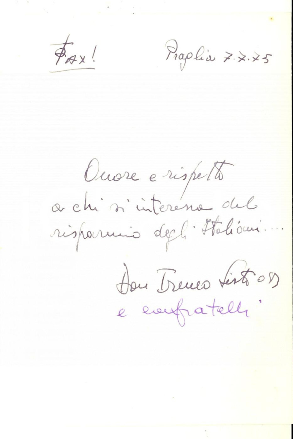 Autografo originale 1975 ABBAZIA DI PRAGLIA Biglietto don Ireneo SISTI e confratelli  Autografo 1