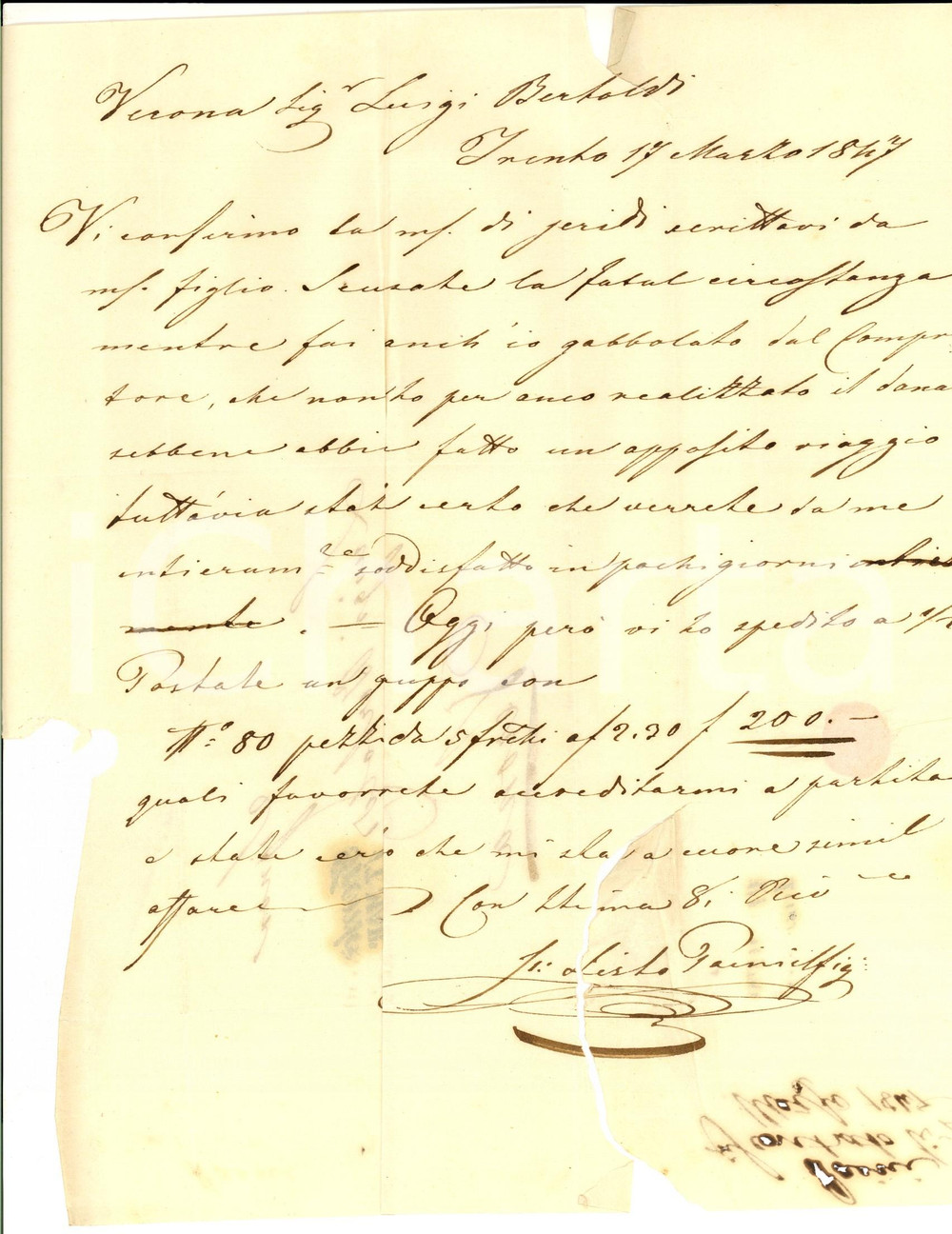 Manoscritto, lettera originale 1847 TRENTO Sisto PAINI gabbolato da un cattivo compratore Prefilatelica 1