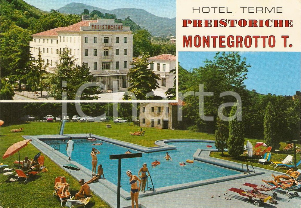 Cartolina originale da collezione 1973 MONTEGROTTO TERME PD Bagno in piscina Hotel TERME PREISTORICHE Vintage 1
