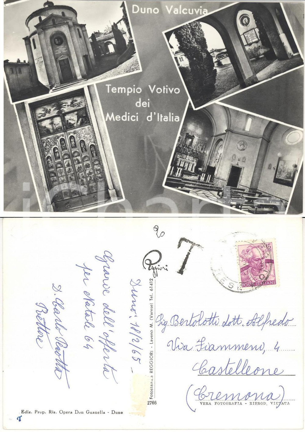 Autografo originale 1965 DUNO VALCUVIA Tempio Medici d'Italia *Autografo don Carlo PEROTTA rettore 1