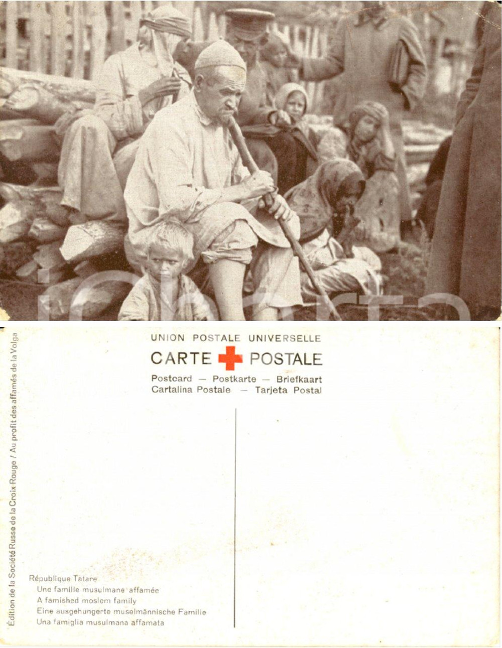 Cartolina originale da collezione 1920 ca REPUBBLICA TATARA Famiglia musulmana affamata *Cartolina CROCE ROSSA 1