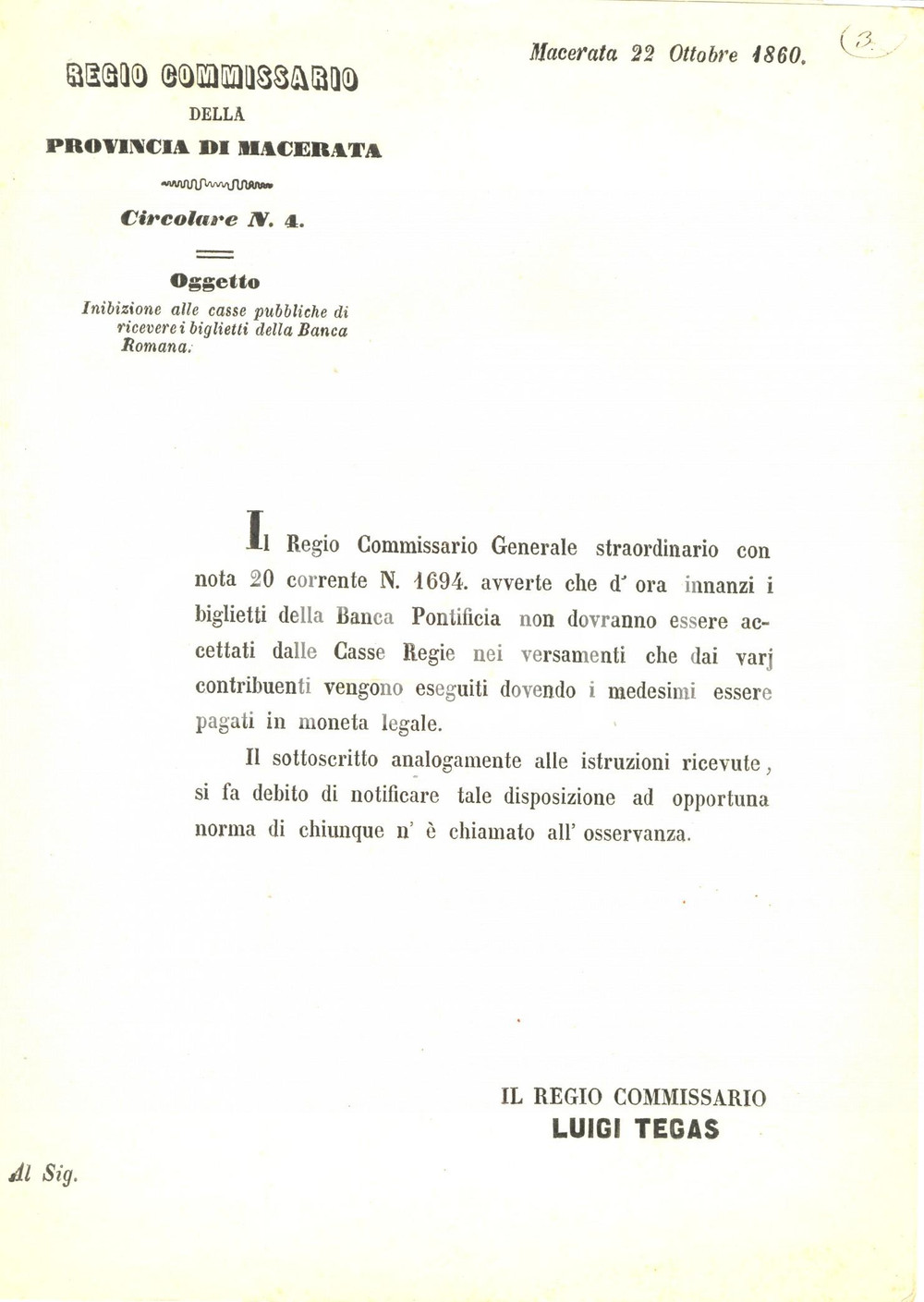 Documento originale, autentico 1860 MACERATA Biglietti BANCA PONTIFICIA non più accettati da Casse Regie 1