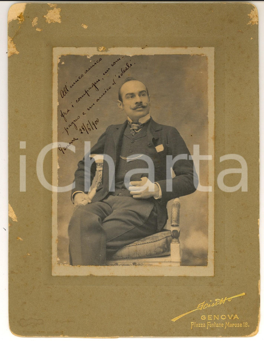 Fotografia d'epoca originale 1900 GENOVA Ritratto di gentiluomo per l'amico di ideali *Foto SCIUTTO 1