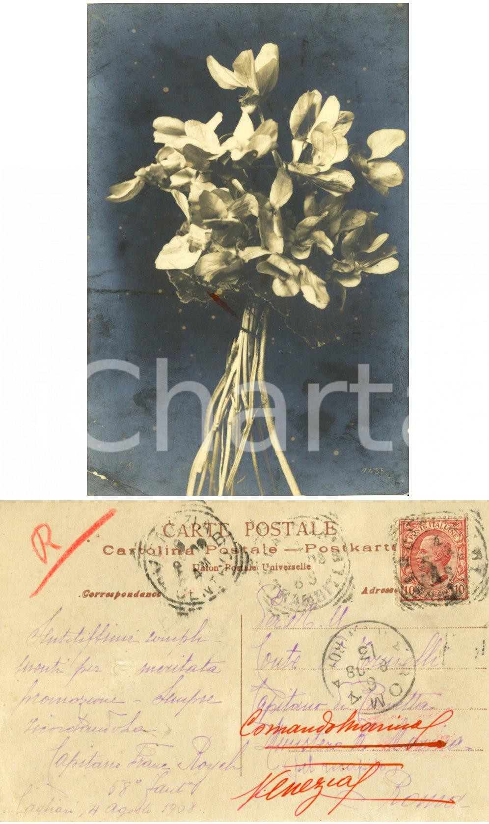 Autografo originale 1908 CAGLIARI Mazzo di fiori *Cartolina Franc ROYCH al conte TORNIELLI FP 1