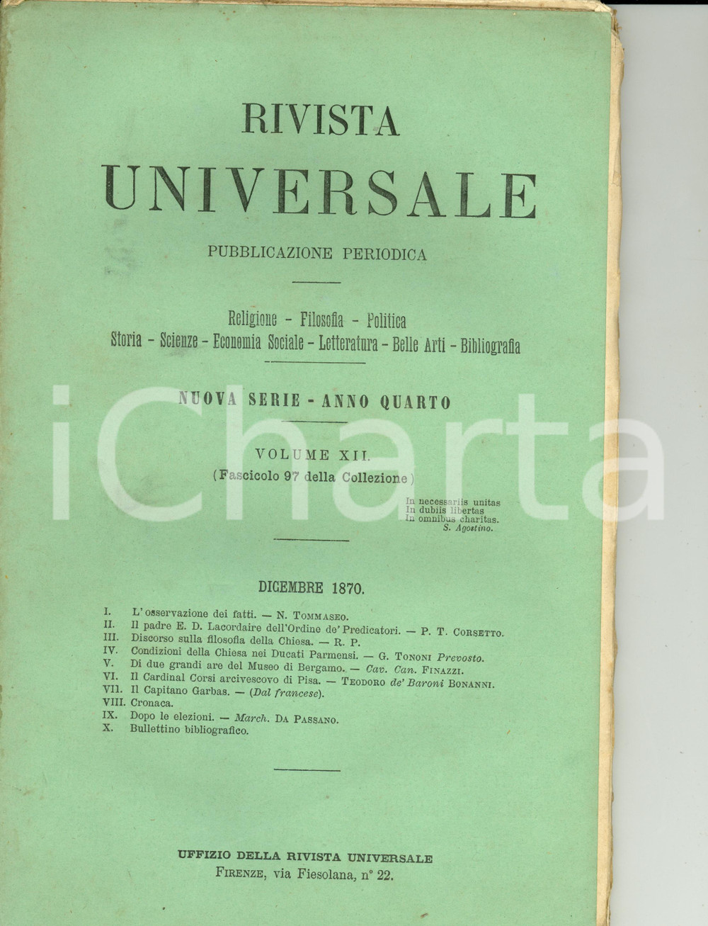 Giornale, rivista storica 1870 RIVISTA UNIVERSALE Card. CORSI arcivescovo di Pisa Rivista Anno IV n° 97 1