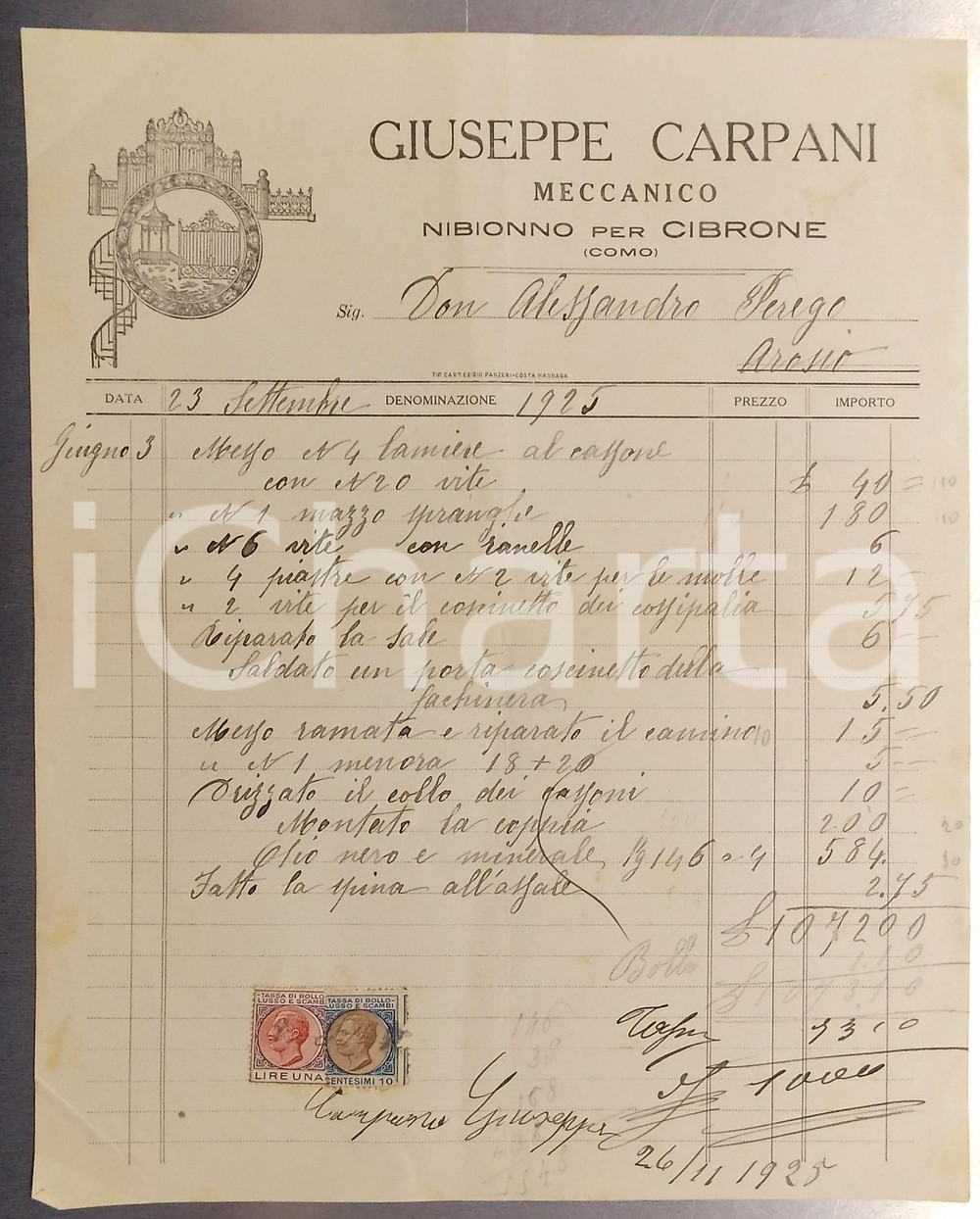 Documento originale, autentico 1925 NIBIONNO Fraz. CIBRONE Meccanico Giuseppe CARPANI Fattura intestata 1