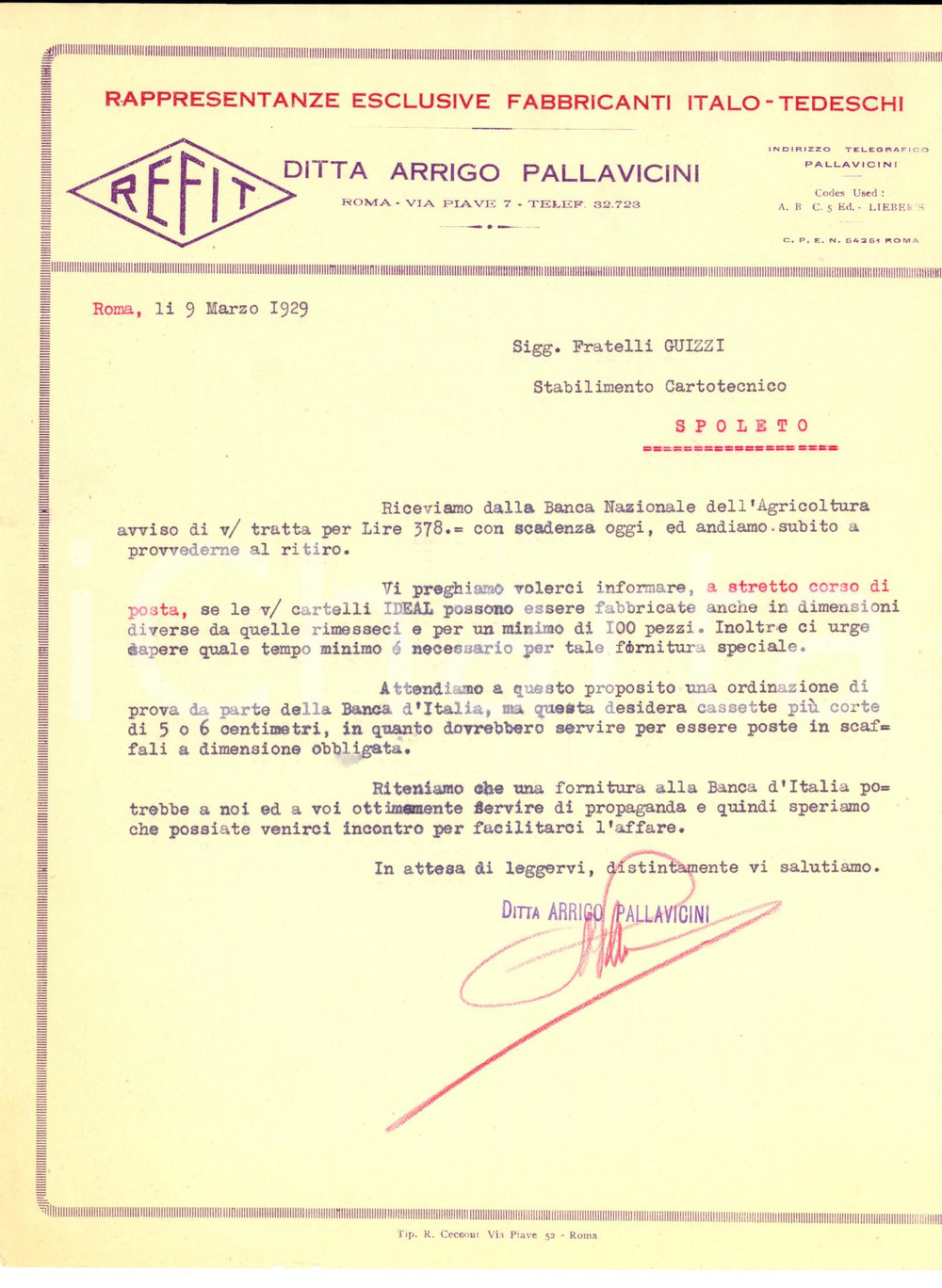Documento originale, autentico 1929 ROMA Arrigo PALLAVICINI Rappresentanze fabbricanti italotedeschi Lettera 1