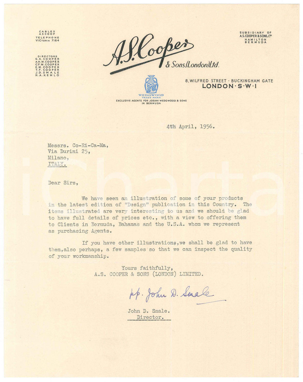 Documento originale, autentico 1956 LONDON  A. S. COOPER   WEDGWOOD agents  Lettera commerciale 1