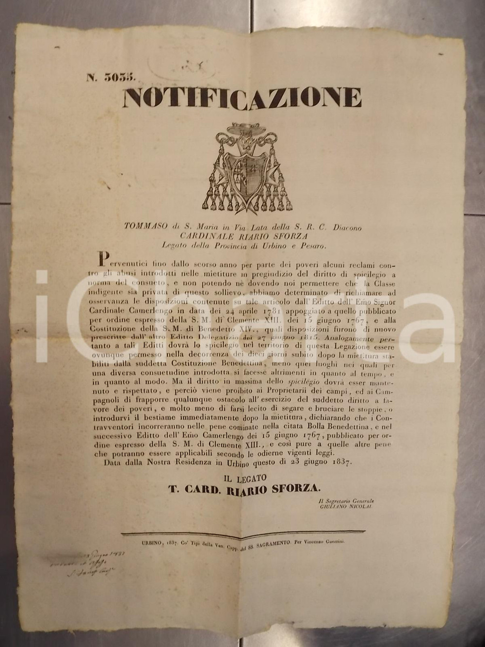 Documento originale, autentico 1837 STATO PONTIFICIO URBINO Diritto di spigolare per i poveri Manifesto 1