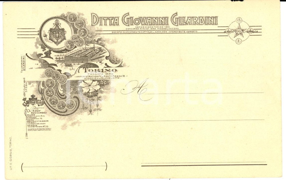Documento originale, autentico 1910 MILANO TORINO Ditta Giovanni GILARDINI *Cartolina intestata FP NV 1