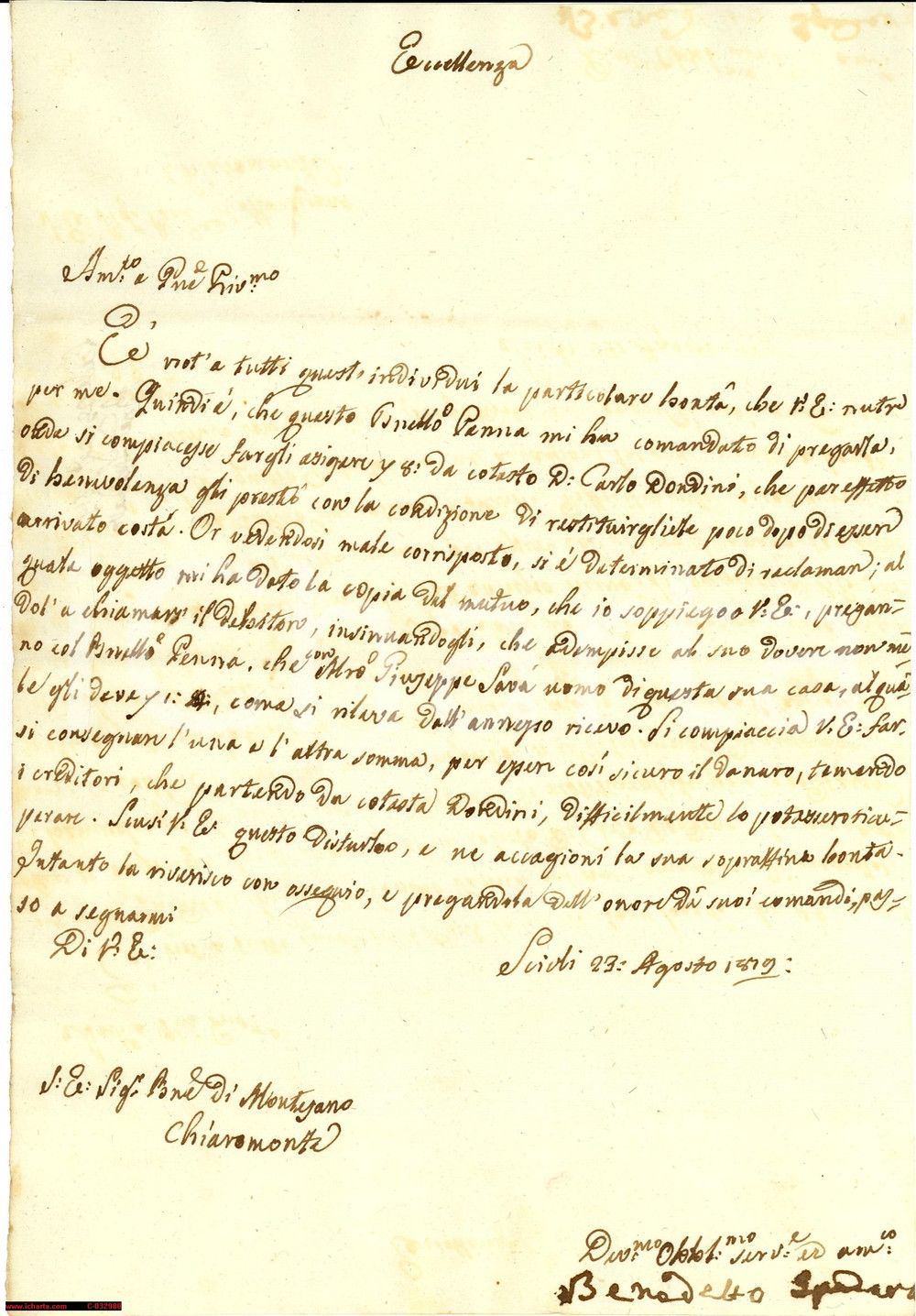 Manoscritto, lettera originale 1819 SCICLI (RG) Brunello PENNA creditore mal ripagato 1