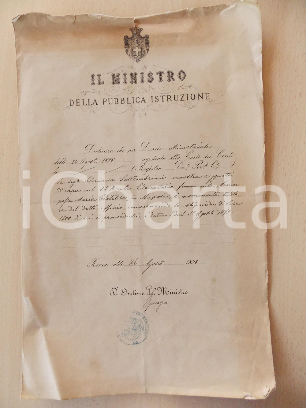 Oggetto da collezione cartaceo 1898 NAPOLI Reale Educatorio femminile  Clorinda SETTEMBRINI maestra d arpa 1