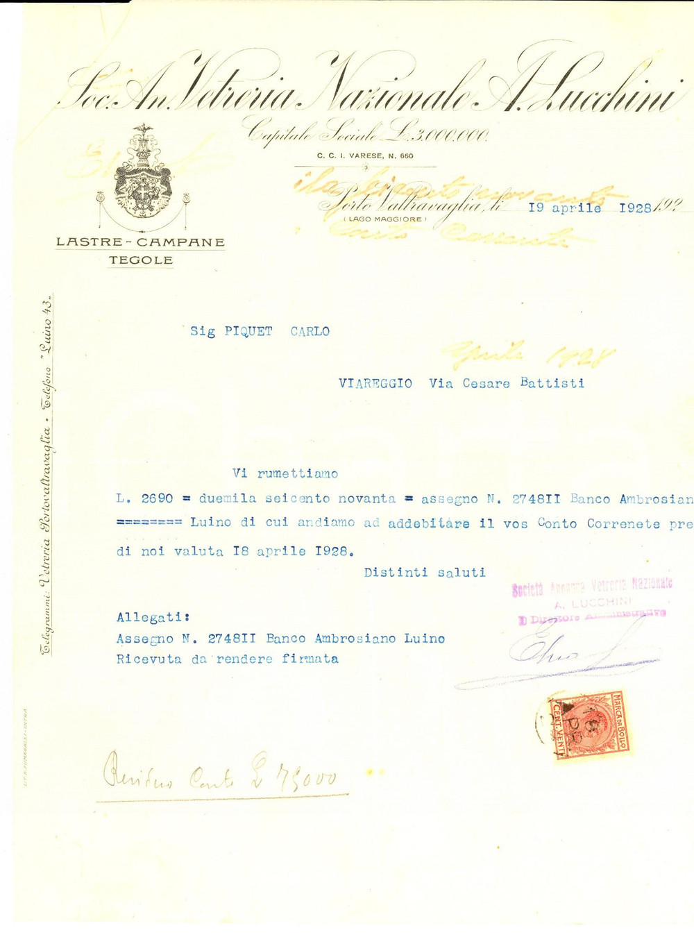 Manoscritto, lettera originale 1928 PORTO VALTRAVAGLIA VA Vetreria Nazionale LUCCHINI Lettera commerciale 1