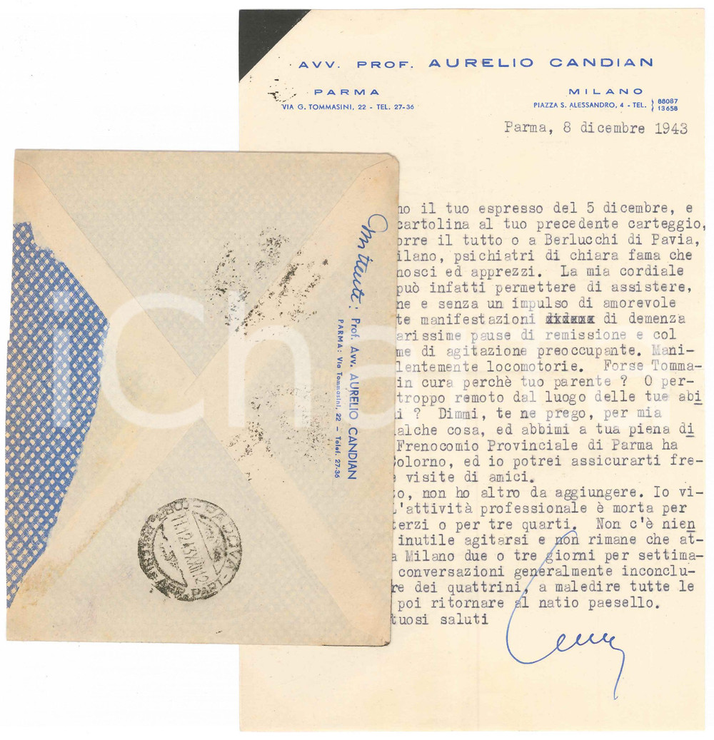 Autografo originale 1943 PARMA Lettera Aurelio CANDIAN  Scherzi con un amico  Autografo 1