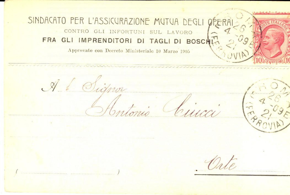 Cartolina originale da collezione 1909 ROMA Sindacato Assicurazione Mutua Operai Cartolina INTESTATA FP VG 1