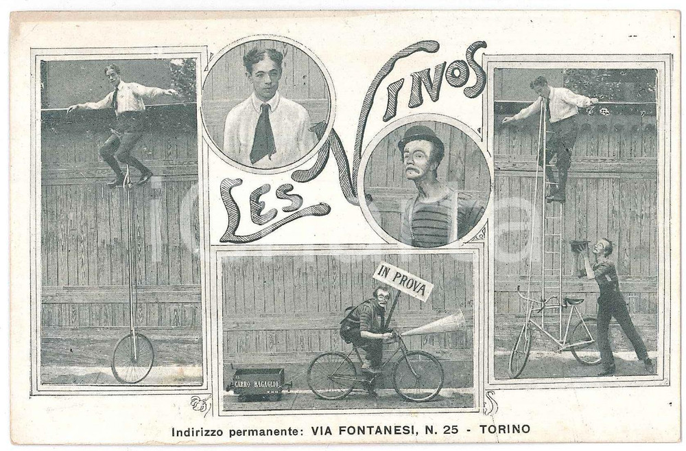 1916 TORINO - CIRCO - LES NINOS acrobati ciclisti - Cartolina AUTOGRAFA Cartolina postale d'epoca, con messaggio autografo al verso degli artisti, destinato al proprietario di un cinema-teatro, cui offrono disponibilit&agrave;.Non viaggiata. FAIR/discreto lievi piegature marginali  e bruniture Formato: 14x9 cm originale e autentica 1