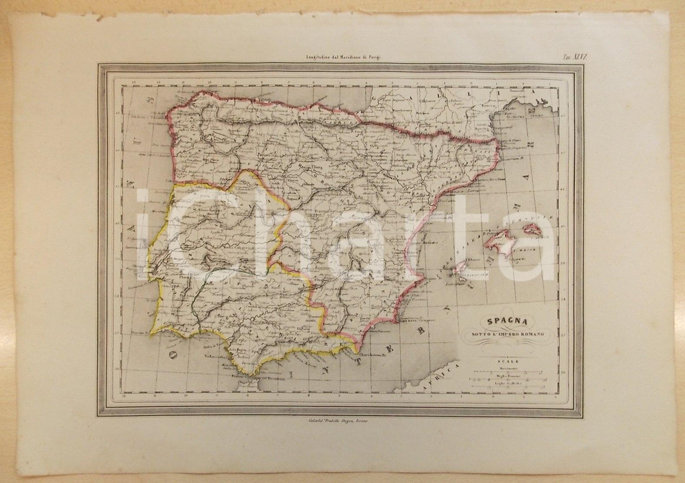 Stampa, bozzetto originale 1864 Atlante Geografico Universale  SPAGNA sotto l Impero Romano Ed. GUIGONI 1