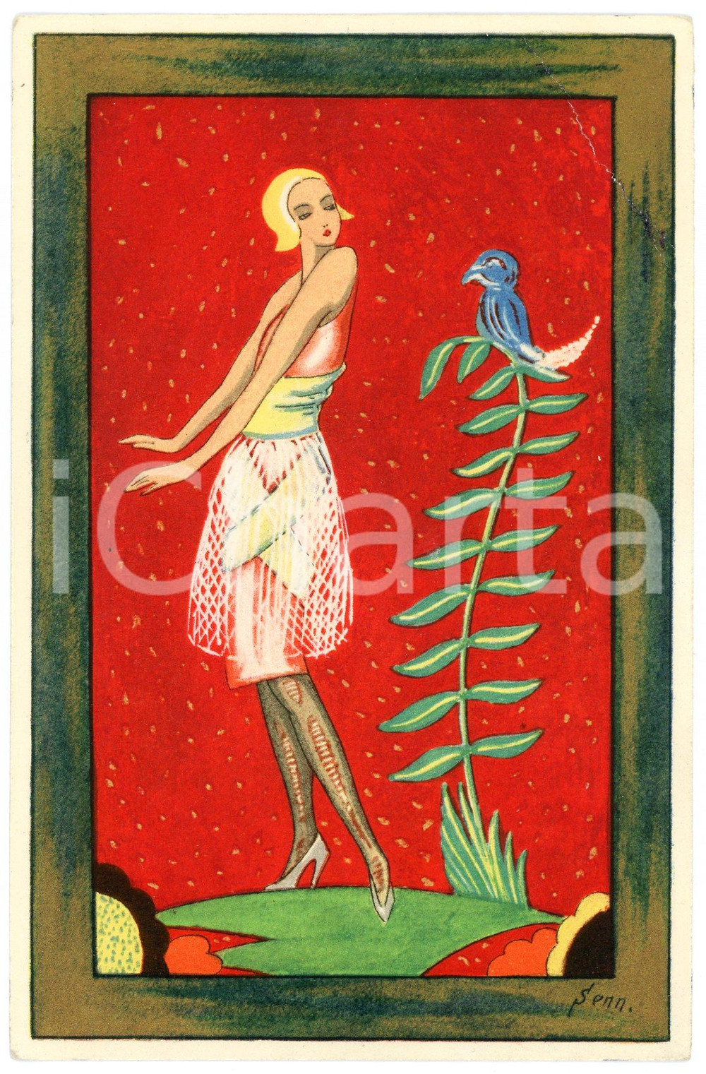 1910 ca ART DECO Illustrator SENN - Woman and bird - Original postcard  Cartolina postale d'epoca, non viaggiata.CONDIZIONI: POOR (ampia piegatura angolare)FORMATO: FP    originale e autentica 1