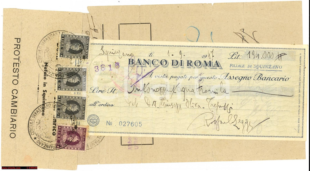 Oggetto da collezione cartaceo 1947 SQUINZANO LE Assegno BANCO DI ROMA con protesto 1