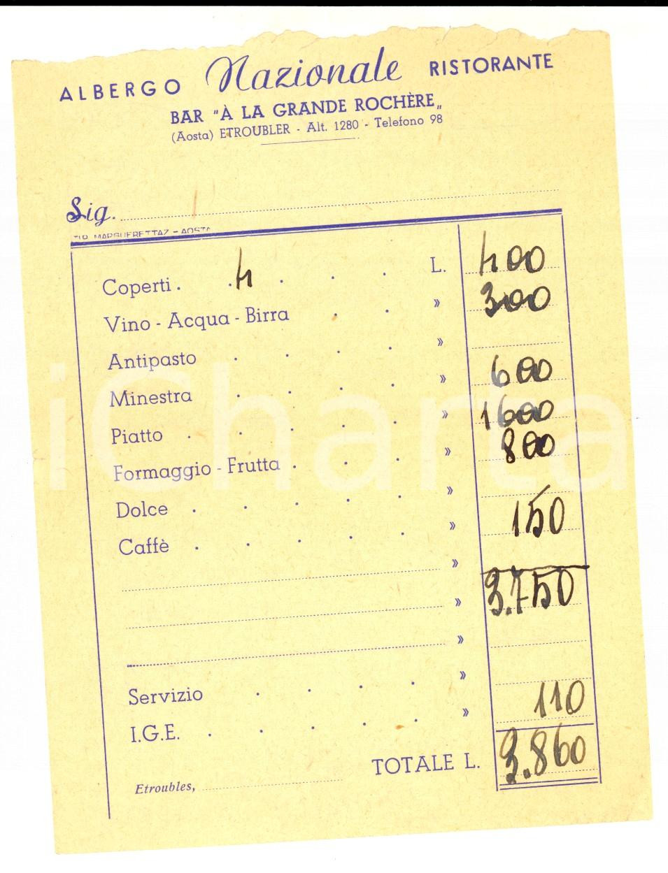 Documento originale, autentico 1950 ca ETROUBLER AO Albergo NAZIONALE Bar A LA GRANDE ROCHERE  Ricevuta 1