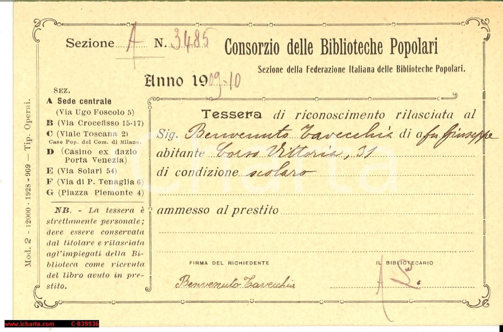 Oggetto da collezione cartaceo 1910 MILANO Consorzio Biblioteche popolari TAVECCHIO 1