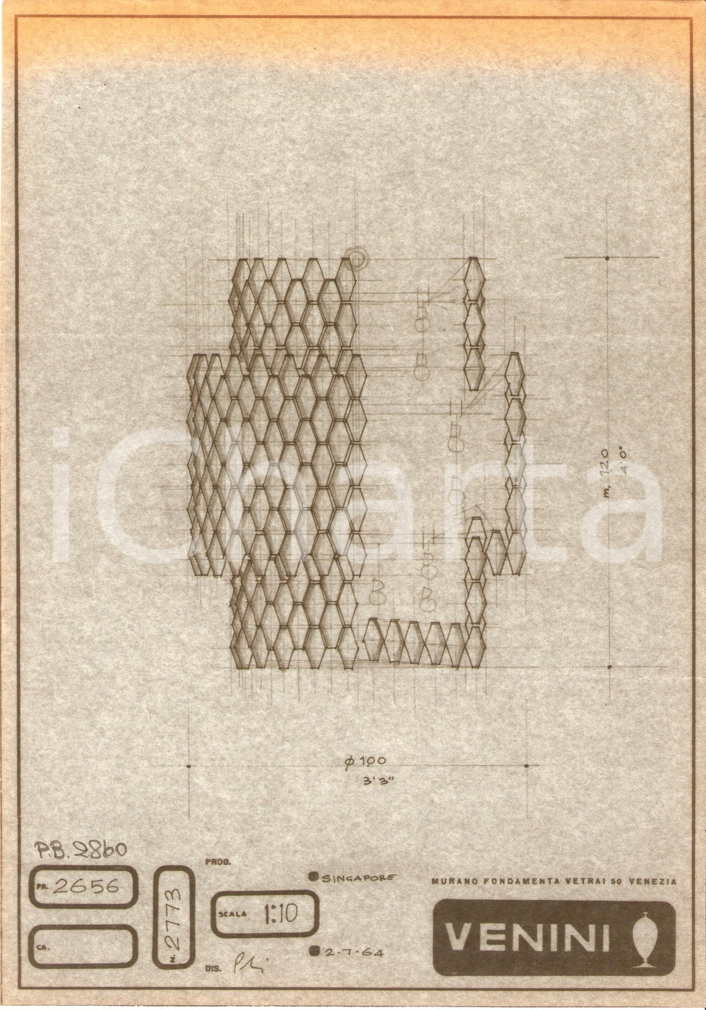 Materiale pubblicitario d’epoca 1960 ca MURANO VENEZIA VENINI Vetrai Disegno lampada  ELIOGRAFIA 1 1