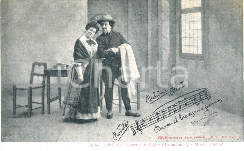 Cartolina originale da collezione 1900 ca TEATRO LA BOHEME Atto I Dammi il braccio, o mia piccina Cartolina FP NV 1