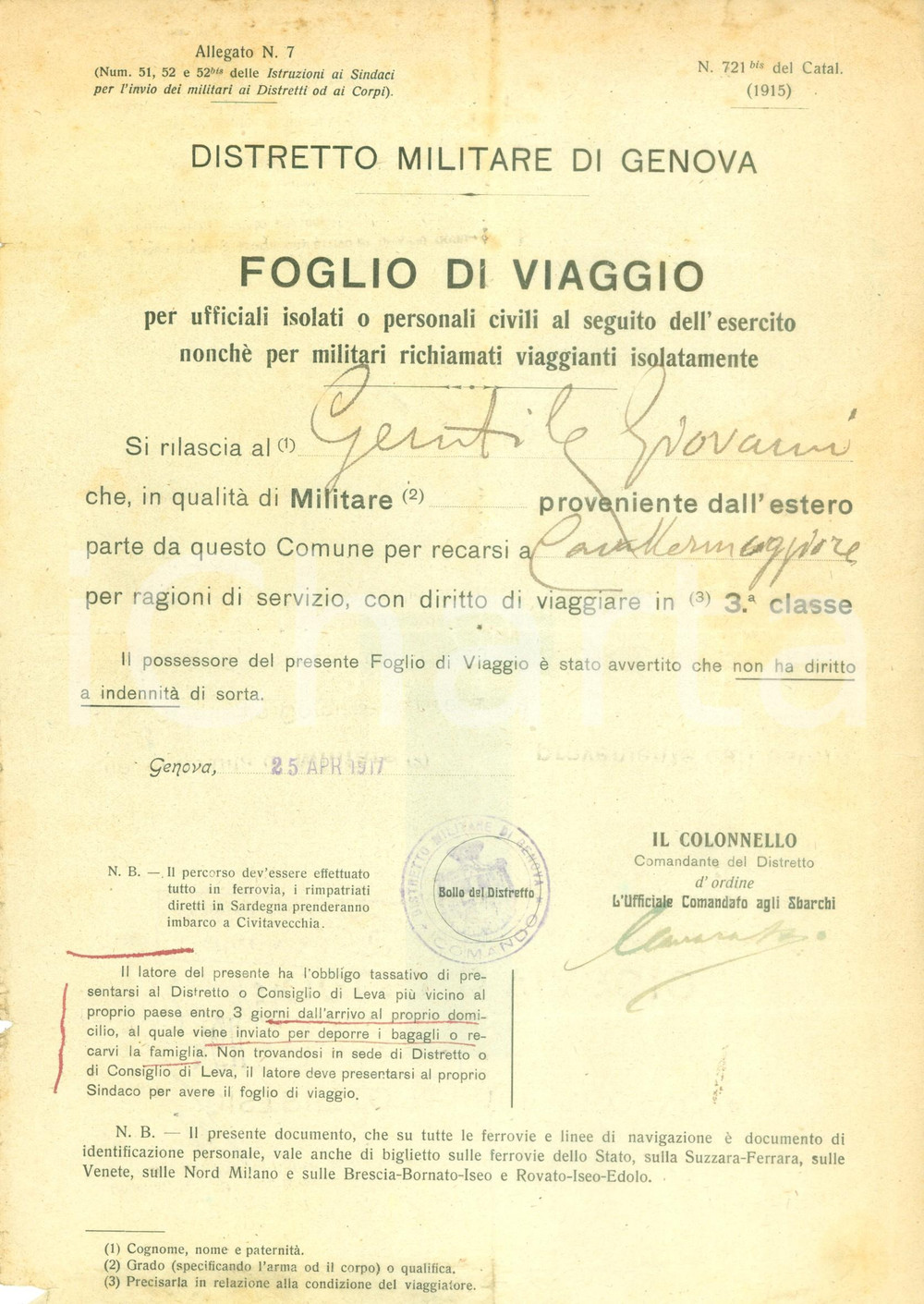 Documento originale, autentico 1917 GENOVA WW1 Foglio di viaggio militare Giovanni GENTILE per CAVALLERMAGGIORE 1