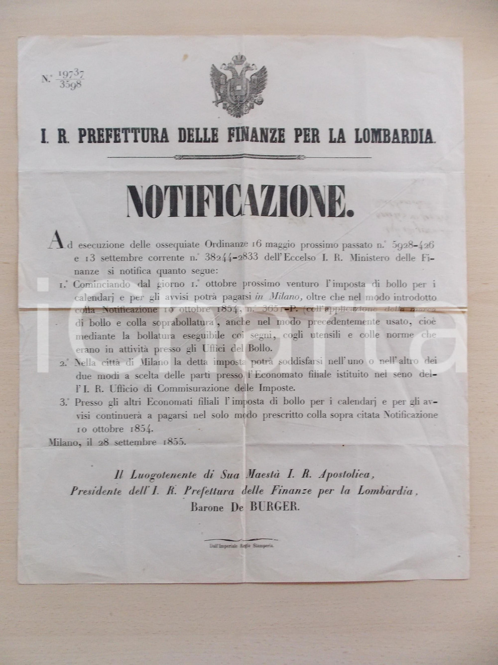 Documento originale, autentico 1855 MILANO REGNO LOMBARDO VENETO Norme imposte su calendari *Manifesto 42 x 52 1