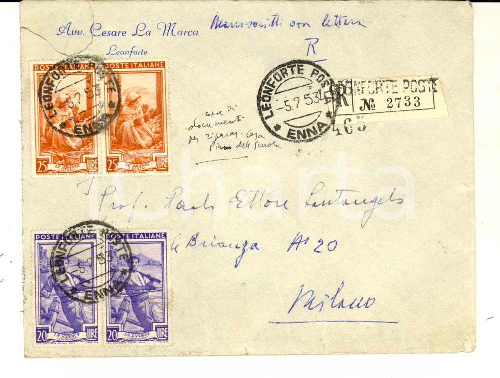 Cartolina originale da collezione 1953 STORIA POSTALE LEONFORTE Busta avv. Cesare LA MARCA ITALIA AL LAVORO 1