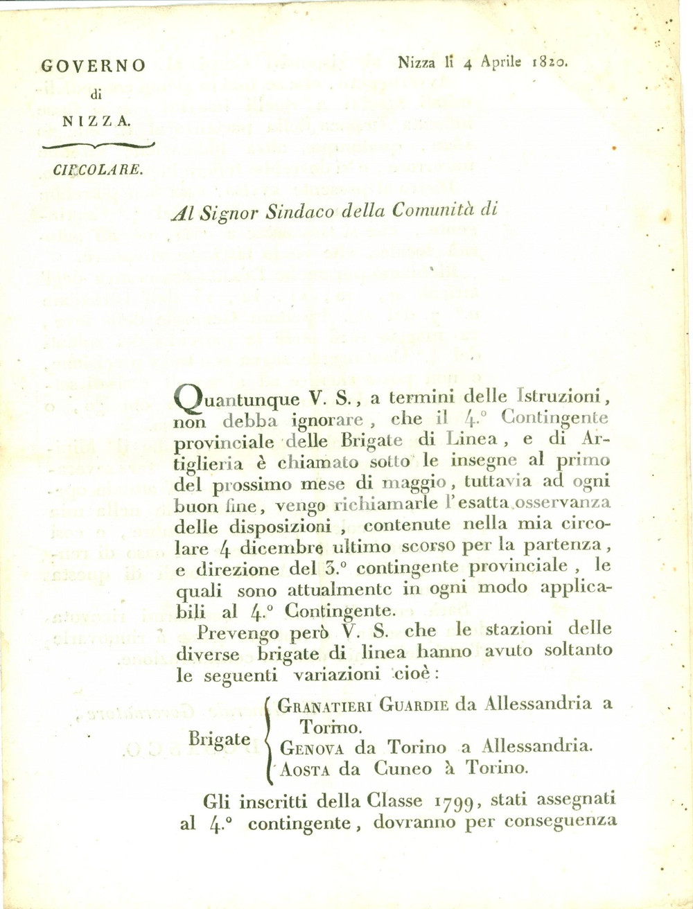 Documento originale, autentico 1820 NIZZA Spostamento sede Brigate di linea GRANATIERI GUARDIE *Documento 1