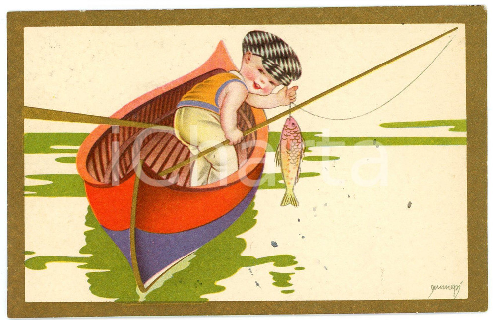 1932 CHILDREN Illustration by EMMEPÃŒ Child fishing - Postcard FP VG Cartolina postale d'epoca, viaggiata.CONDIZIONI: FAIRFORMATO: FP    originale e autentica 1