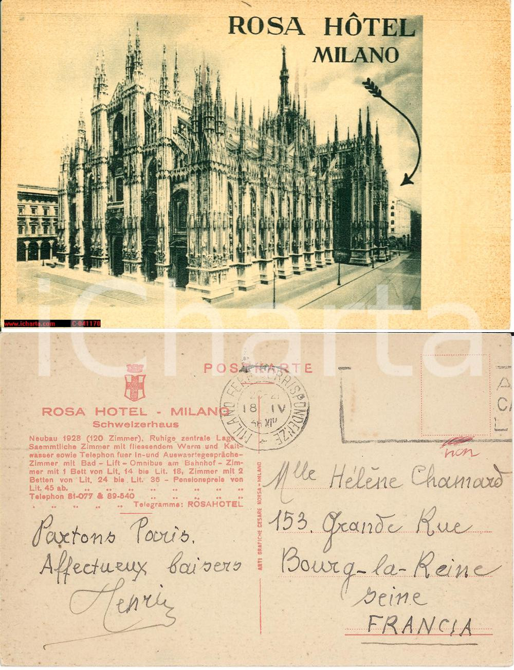 Cartolina originale da collezione 1933 MILANO ROSA Hotel Pubblicitaria FP VG 1