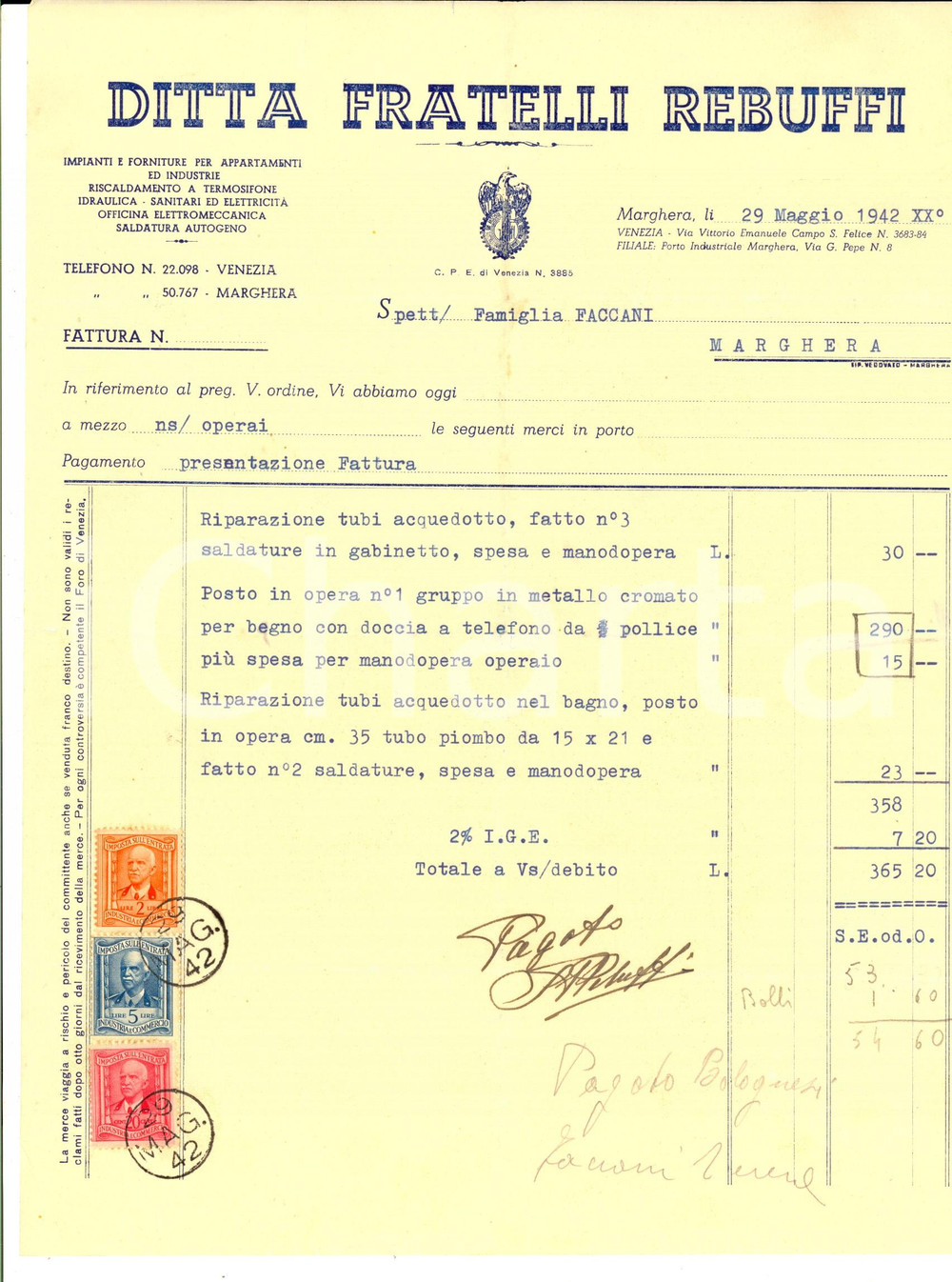 Documento originale, autentico 1942 VENEZIA MARGHERA Ditta Fratelli REBUFFI Fattura per tubi acquedotto 1