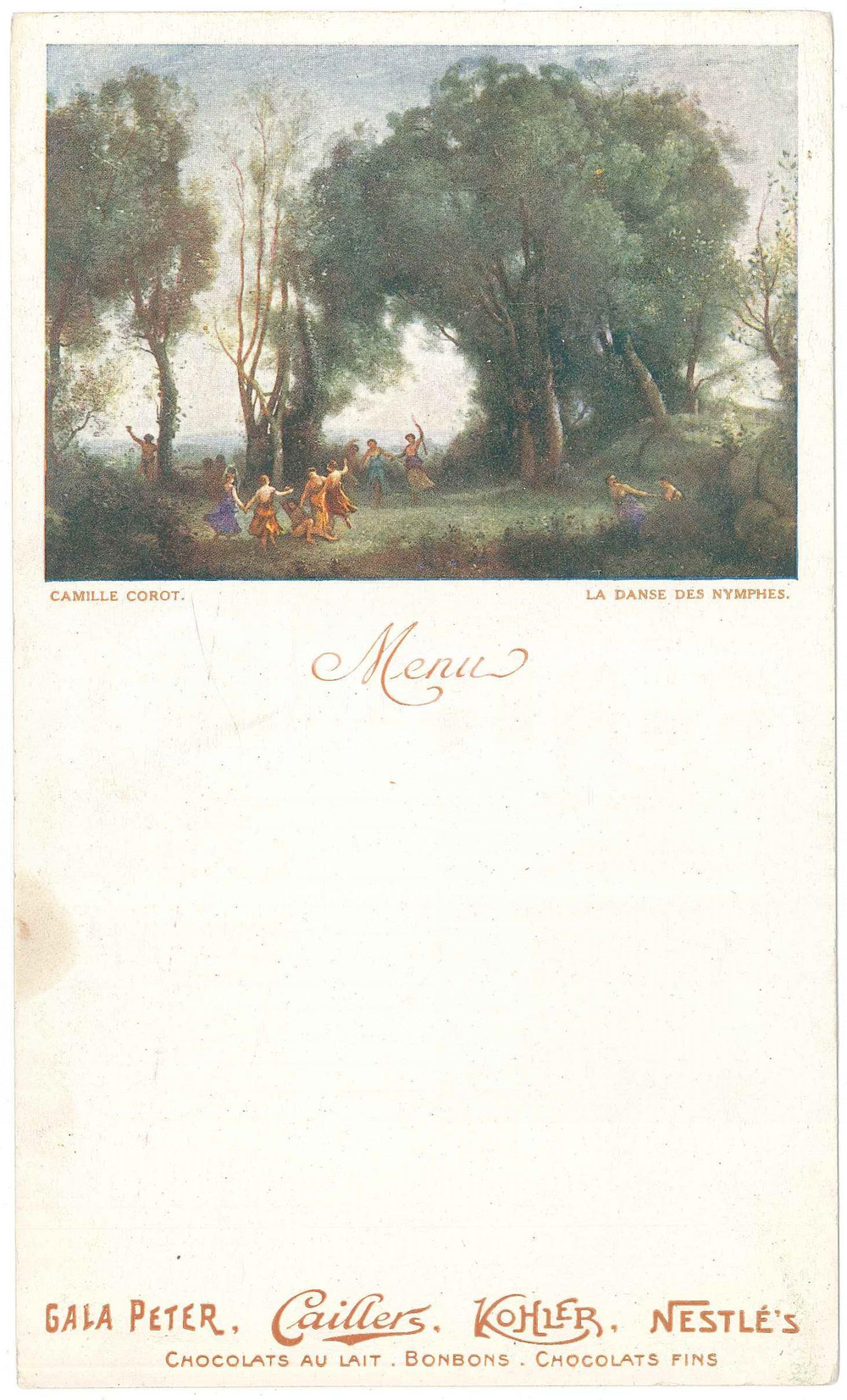 Oggetto da collezione cartaceo 1910 ca Camille COROT La danse des nymphes  MenÃ¹ Chocolats GALA PETER Caillers 1