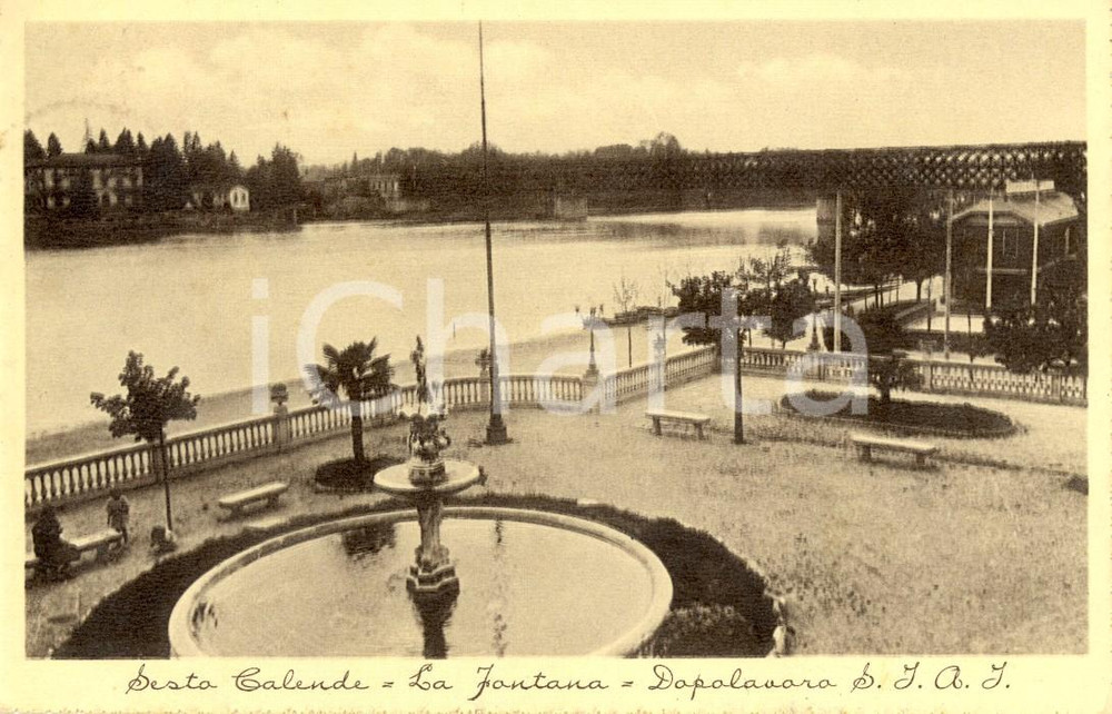 Cartolina originale da collezione 1935 SESTO CALENDE VA Fontana e ponte sul TICINO  Circolo Dopolavoro SIAI VG 1