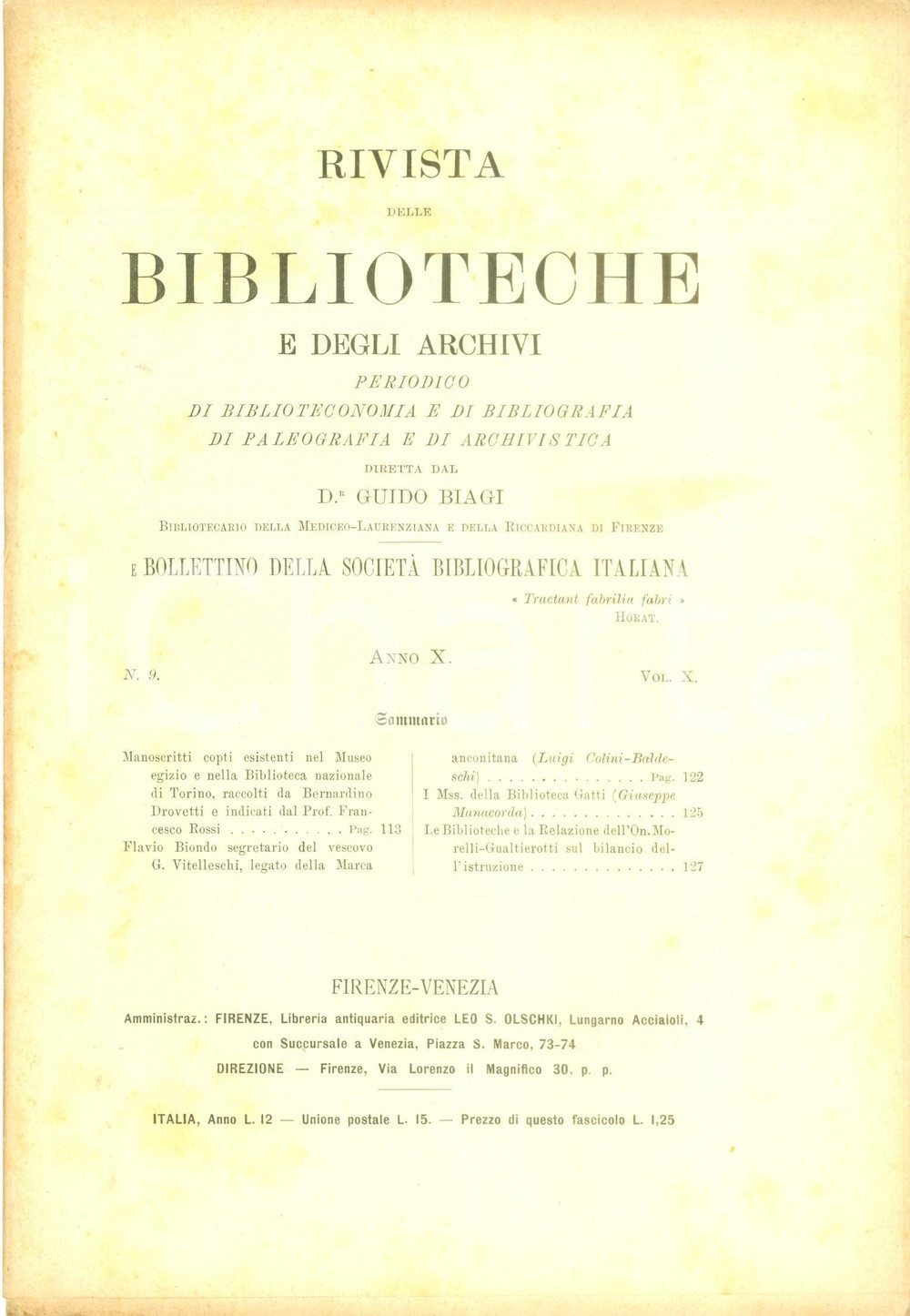 Libro, pubblicazione d epoca 1899 RIVISTA BIBLIOTECHE ARCHIVI Manoscritti copti del MUSEO EGIZIO di TORINO 1