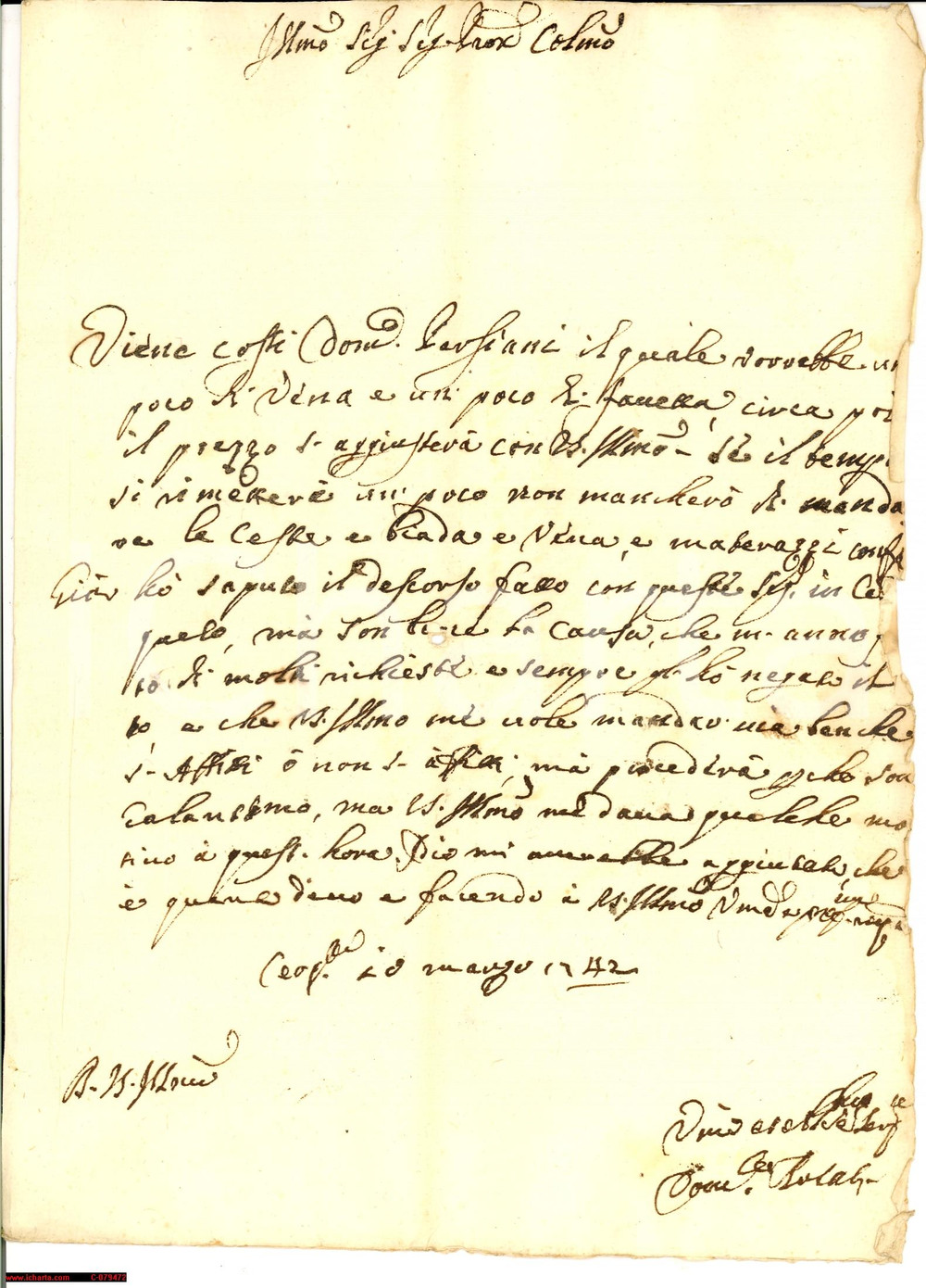 Manoscritto, lettera originale 1742 CERQUETO PG Domenico PERSIANI compra avena e fave 1
