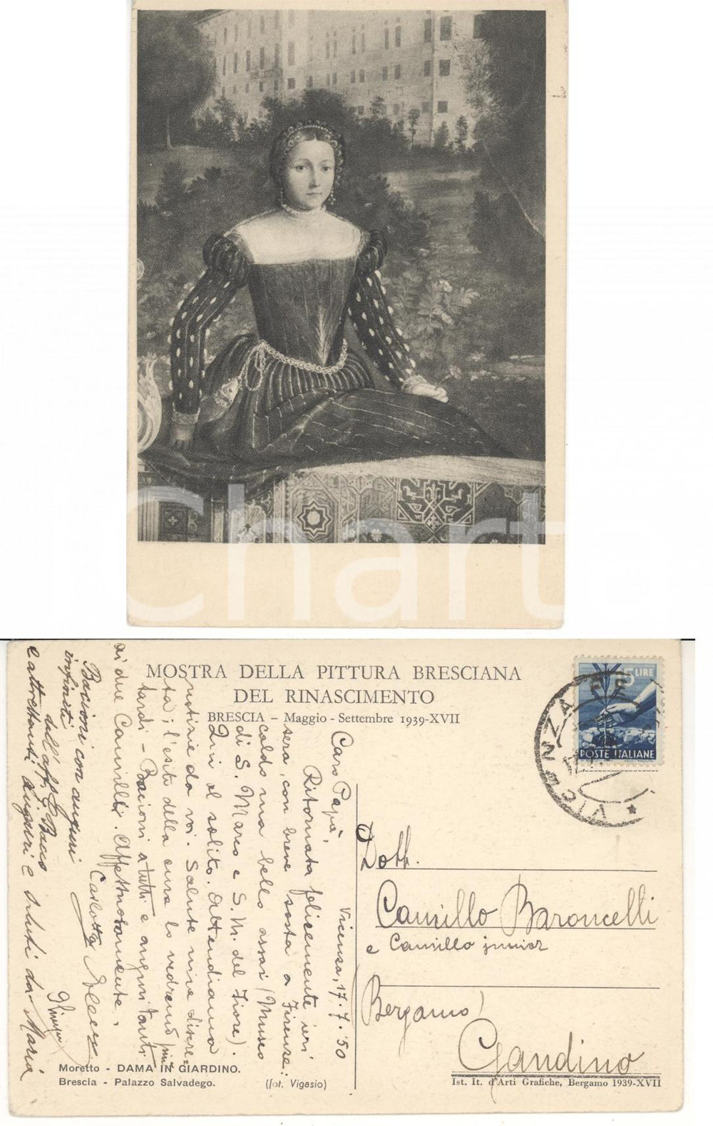 Autografo originale 1950 VICENZA Mostra pittura bresciana Autografo Carlotta BARONCELLI FG VG 1