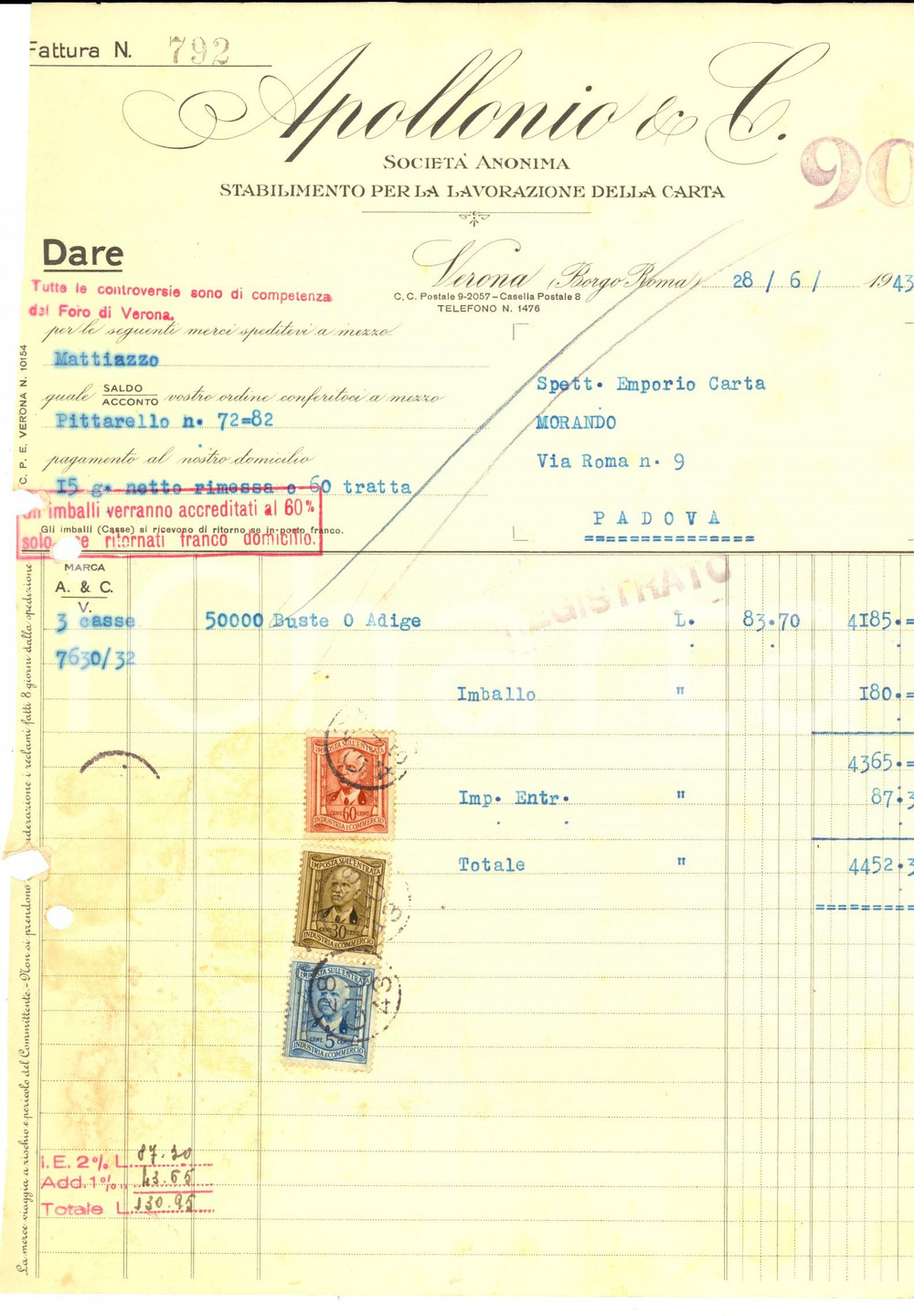 Documento originale, autentico 1943 VERONA Ditta APOLLONIO Lavorazione della carta *Fattura commerciale 1