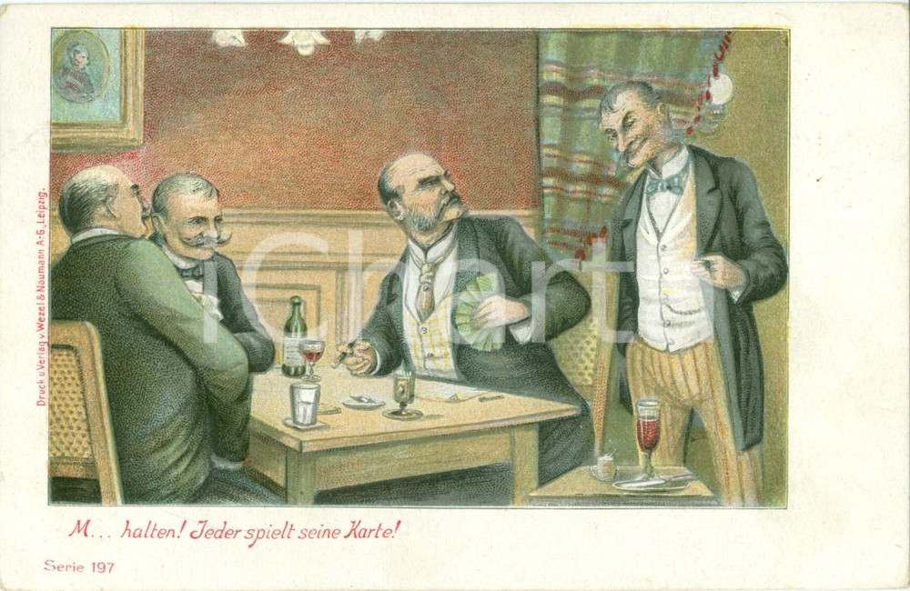 Cartolina originale da collezione 1900 ca GIOCATORI DI CARTE Ognuno giochi le sue carte! ILLUSTRATA Cartolina FP 1